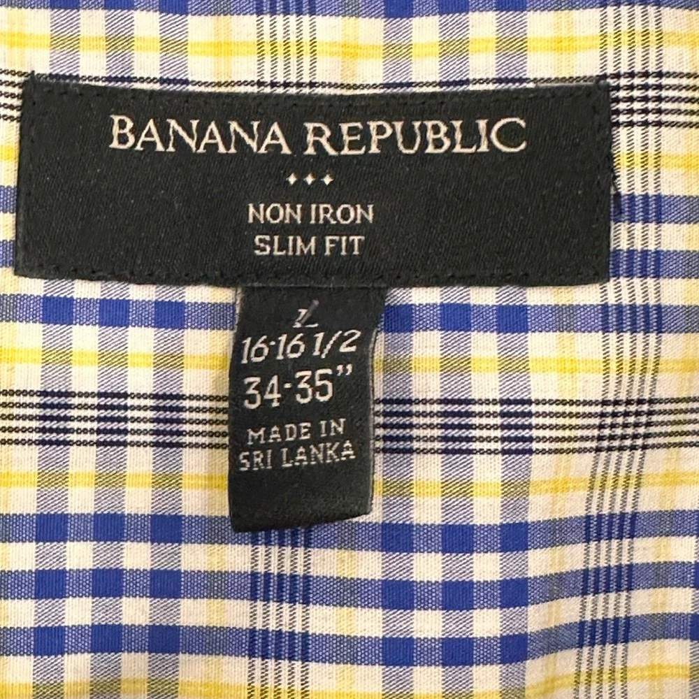 Banana Republic Non Iron Slim Fit‎ Shirt Mens L 16-16.5 34-35 Blue Yellow Plaid